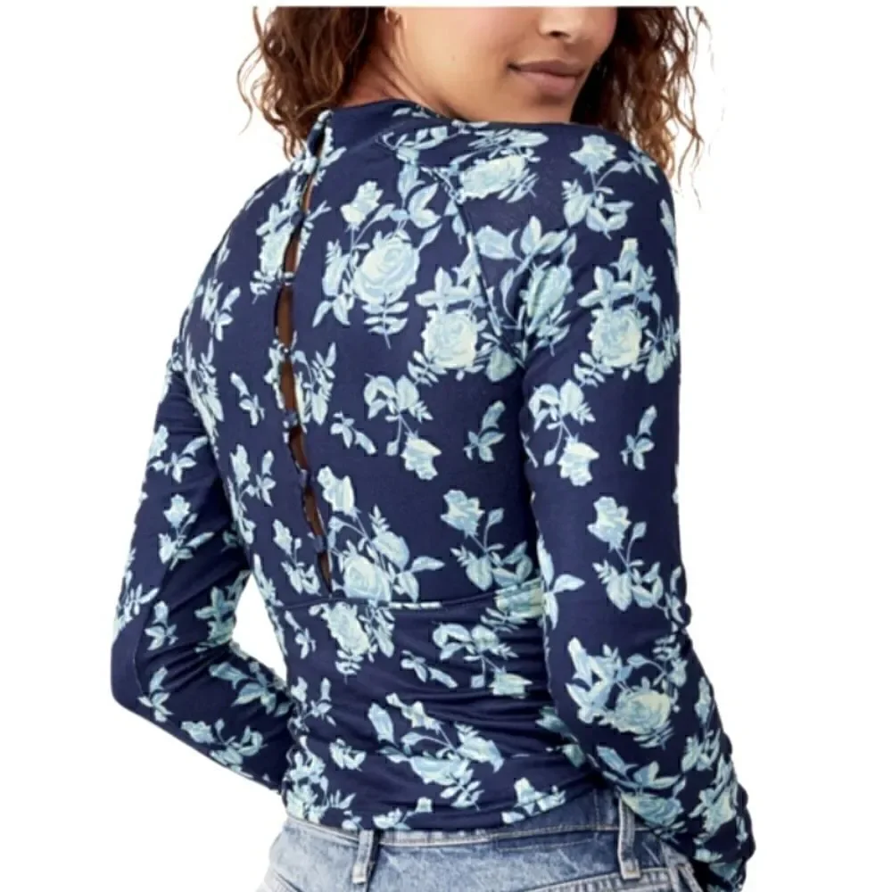 NWT Free People Dinner Party Floral Long Sleeves Mock Neck Retro Key Hole Chic